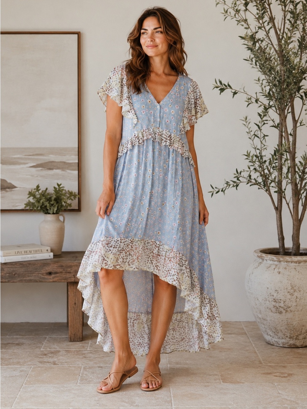 WONDERLY Floral Prairie Boho High Low Maxi Dress Size L NEW